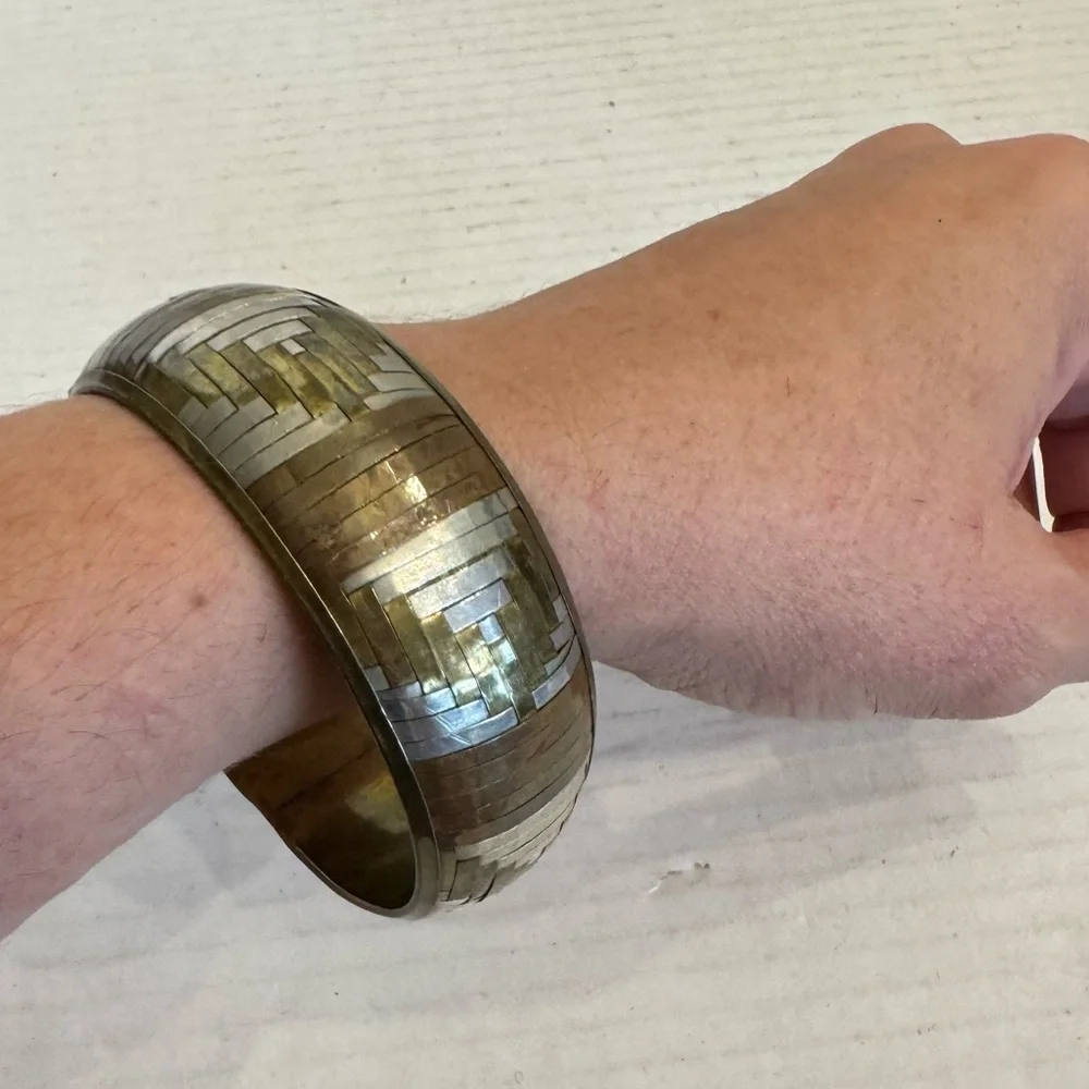 Vintage Metal Bangle Bracelet Tri-Color Woven Copper Bronze Silver Artsy Jewelry